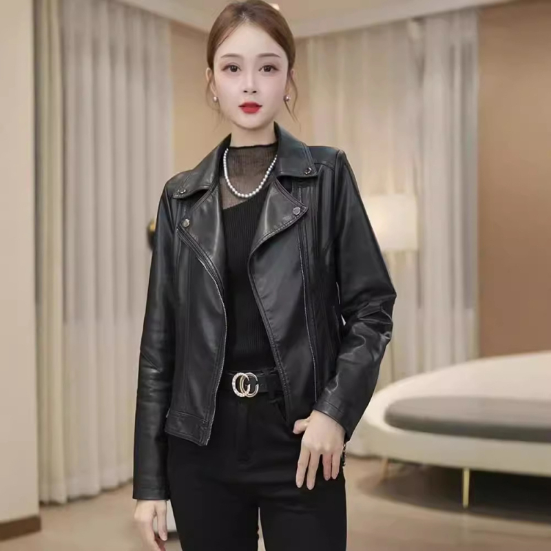 Женско PU кожено късо яке с лапел яка, тънък силует, дълги ръкави, цип, есен 2024