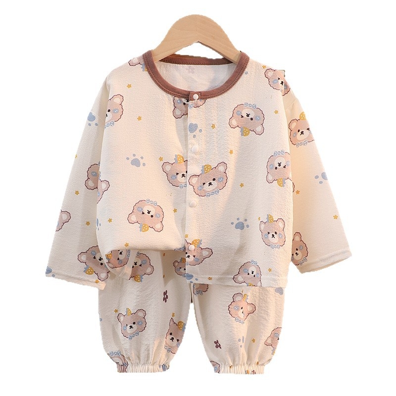 Set de homewear pentru copii, mâneci lungi și pantaloni lungi, poliester, țesătură subțire, imprimeu desene animate, pentru vârsta 1–3 ani, vară 2025