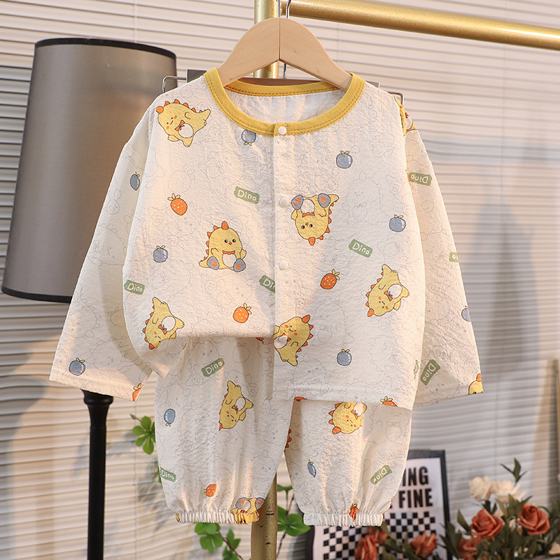 Set de homewear pentru copii, mâneci lungi și pantaloni lungi, poliester, țesătură subțire, imprimeu desene animate, pentru vârsta 1–3 ani, vară 2025