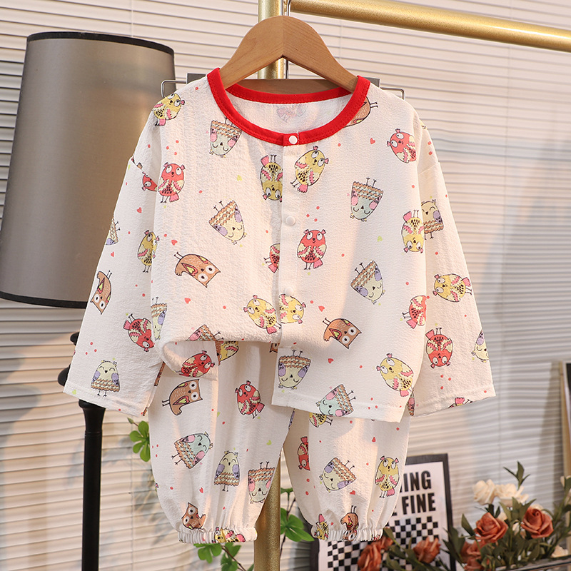 Set de homewear pentru copii, mâneci lungi și pantaloni lungi, poliester, țesătură subțire, imprimeu desene animate, pentru vârsta 1–3 ani, vară 2025
