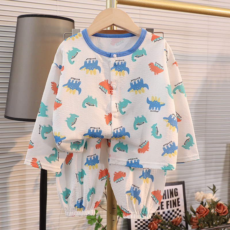 Set de homewear pentru copii, mâneci lungi și pantaloni lungi, poliester, țesătură subțire, imprimeu desene animate, pentru vârsta 1–3 ani, vară 2025