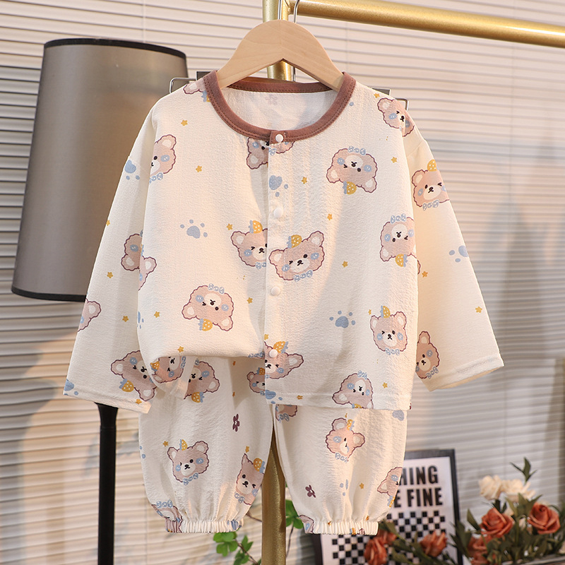 Set de homewear pentru copii, mâneci lungi și pantaloni lungi, poliester, țesătură subțire, imprimeu desene animate, pentru vârsta 1–3 ani, vară 2025
