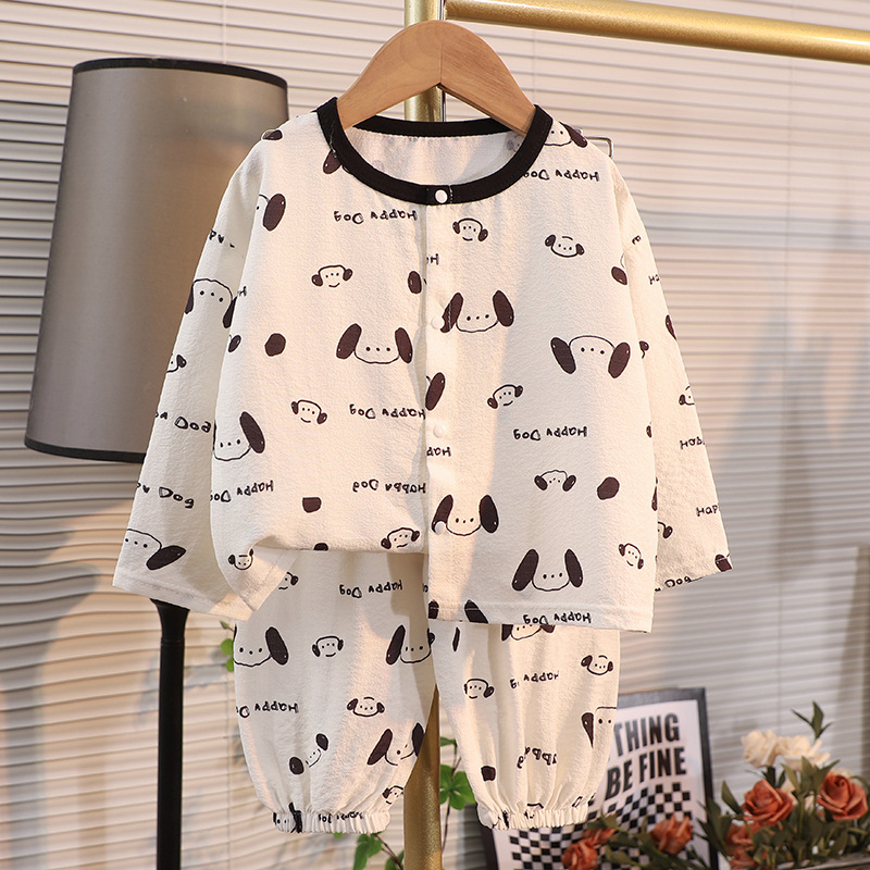 Set de homewear pentru copii, mâneci lungi și pantaloni lungi, poliester, țesătură subțire, imprimeu desene animate, pentru vârsta 1–3 ani, vară 2025