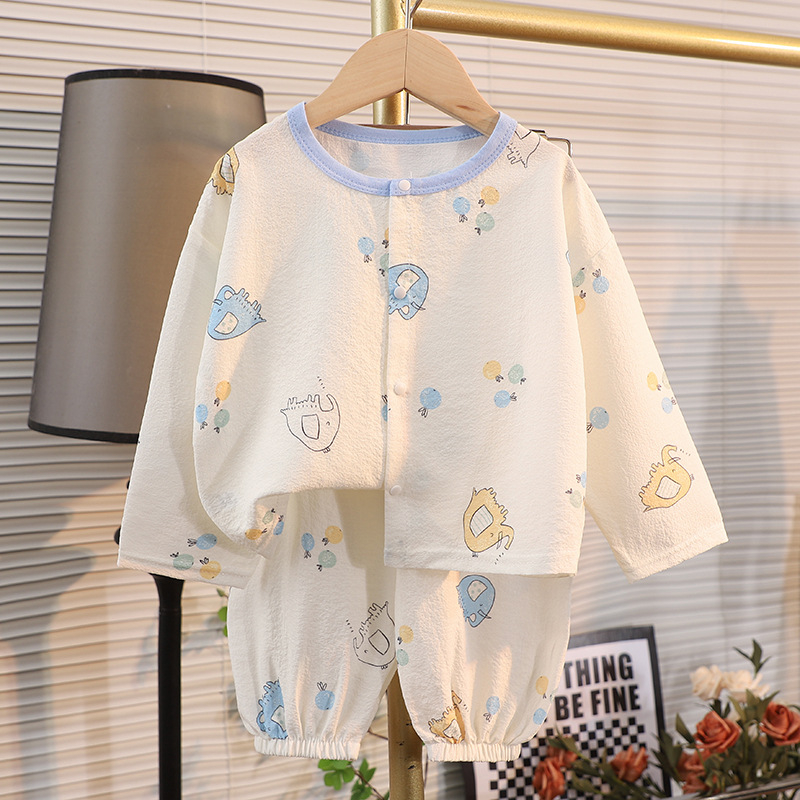 Set de homewear pentru copii, mâneci lungi și pantaloni lungi, poliester, țesătură subțire, imprimeu desene animate, pentru vârsta 1–3 ani, vară 2025