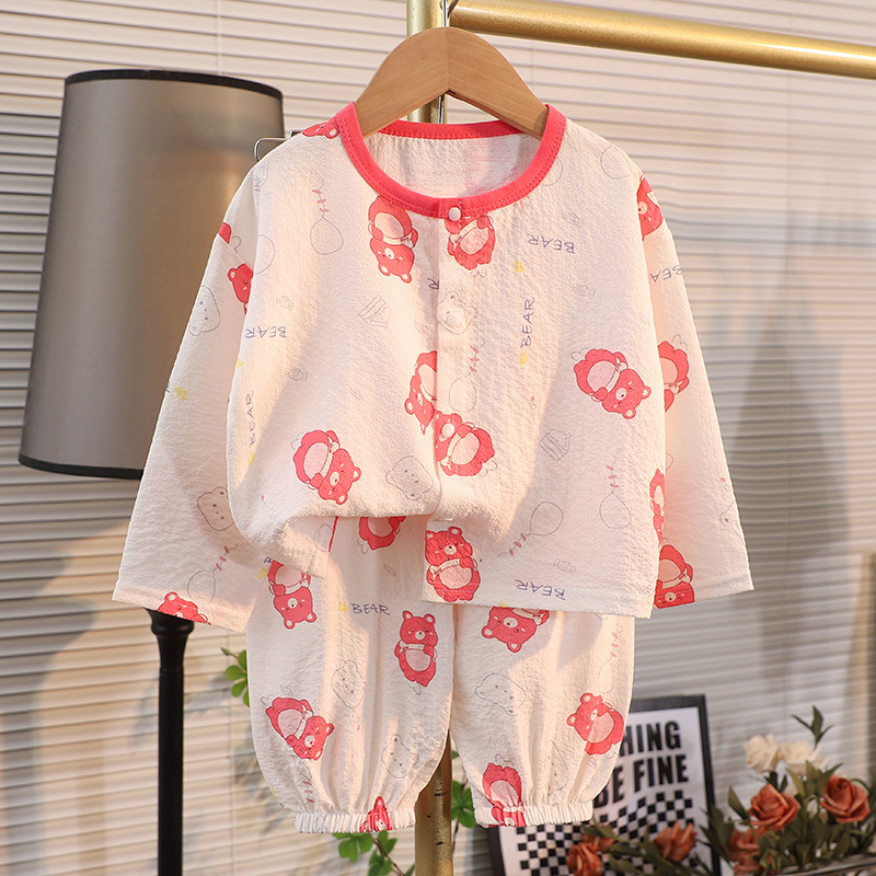 Set de homewear pentru copii, mâneci lungi și pantaloni lungi, poliester, țesătură subțire, imprimeu desene animate, pentru vârsta 1–3 ani, vară 2025