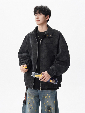 Vyrinė PU odinė striukė, retro stiliaus dėvėtas tie-dye raštas, apykaklė su lapeliu, vienos eilės užsegimas