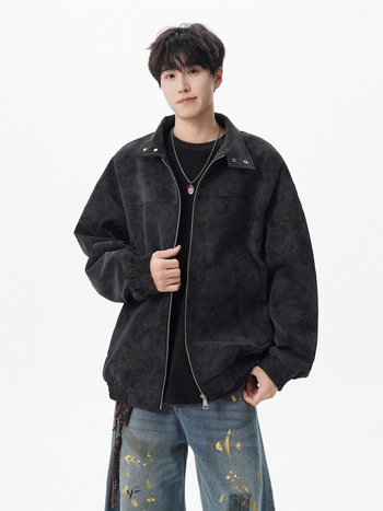 Vyrinė PU odinė striukė, retro stiliaus dėvėtas tie-dye raštas, apykaklė su lapeliu, vienos eilės užsegimas