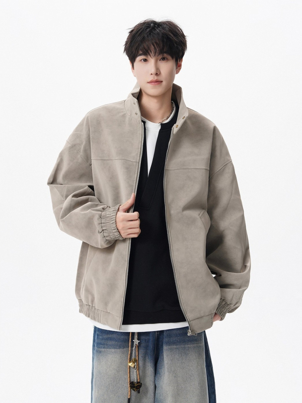 Vyrinė PU odinė striukė, retro stiliaus dėvėtas tie-dye raštas, apykaklė su lapeliu, vienos eilės užsegimas