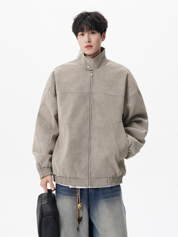 Vyrinė PU odinė striukė, retro stiliaus dėvėtas tie-dye raštas, apykaklė su lapeliu, vienos eilės užsegimas