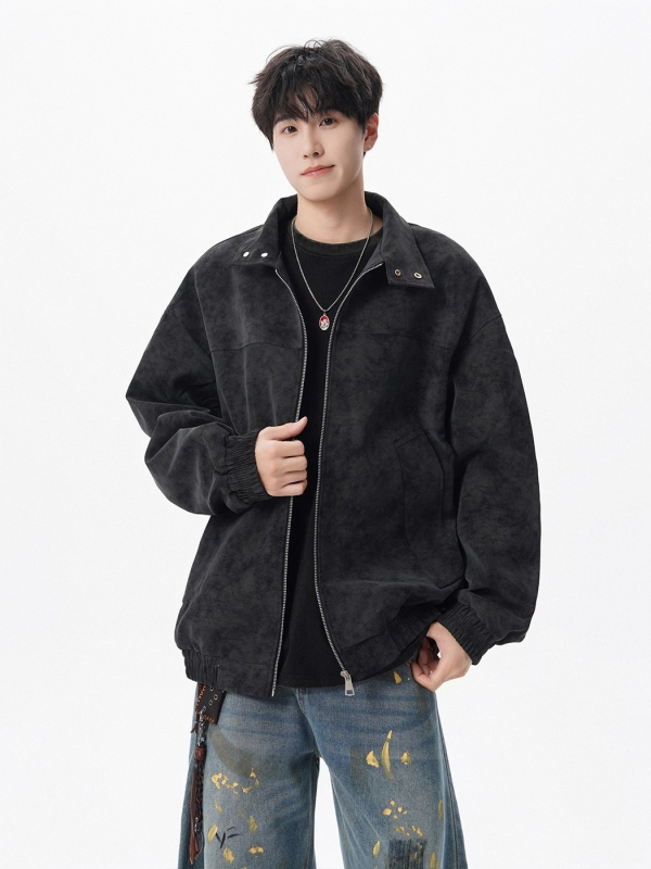 Vyrinė PU odinė striukė, retro stiliaus dėvėtas tie-dye raštas, apykaklė su lapeliu, vienos eilės užsegimas