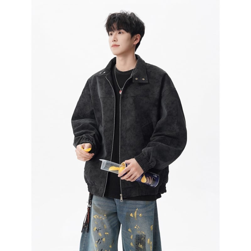 Vyrinė PU odinė striukė, retro stiliaus dėvėtas tie-dye raštas, apykaklė su lapeliu, vienos eilės užsegimas