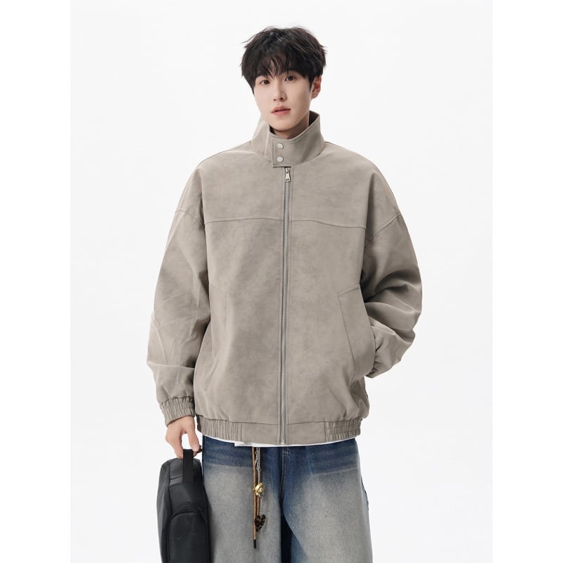 Vyrinė PU odinė striukė, retro stiliaus dėvėtas tie-dye raštas, apykaklė su lapeliu, vienos eilės užsegimas