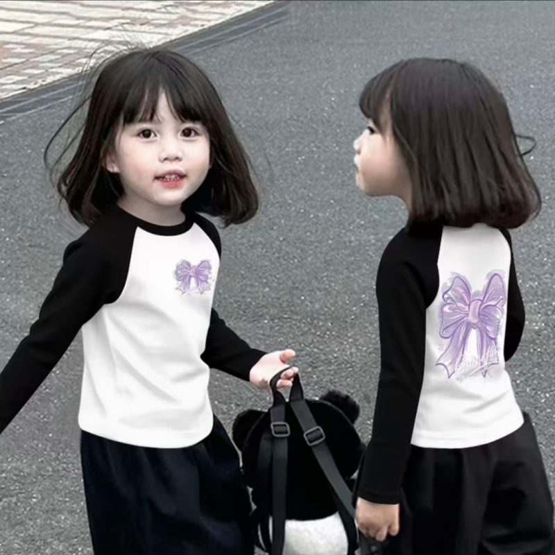 Mergaitėms skirtas 100% medvilnės ilgos rankovės marškinėliai su apvaliu kaklu, animacinis raštas, drėgmės valdymas