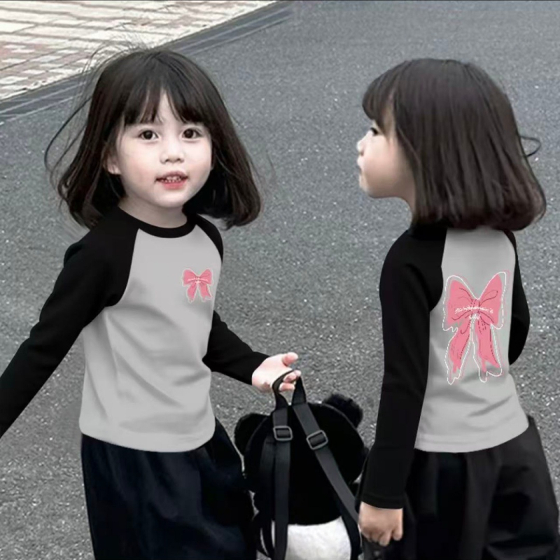 Mergaitėms skirtas 100% medvilnės ilgos rankovės marškinėliai su apvaliu kaklu, animacinis raštas, drėgmės valdymas