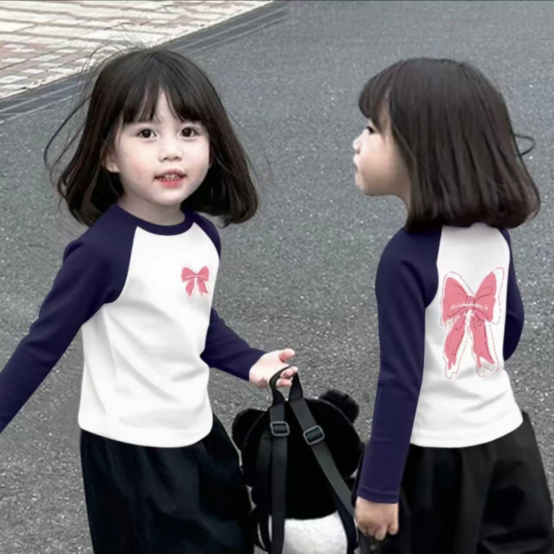 Mergaitėms skirtas 100% medvilnės ilgos rankovės marškinėliai su apvaliu kaklu, animacinis raštas, drėgmės valdymas