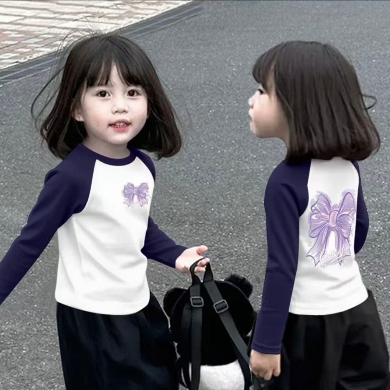 Mergaitėms skirtas 100% medvilnės ilgos rankovės marškinėliai su apvaliu kaklu, animacinis raštas, drėgmės valdymas
