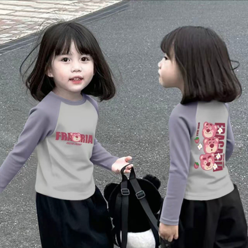 Mergaitėms skirtas 100% medvilnės ilgos rankovės marškinėliai su apvaliu kaklu, animacinis raštas, drėgmės valdymas