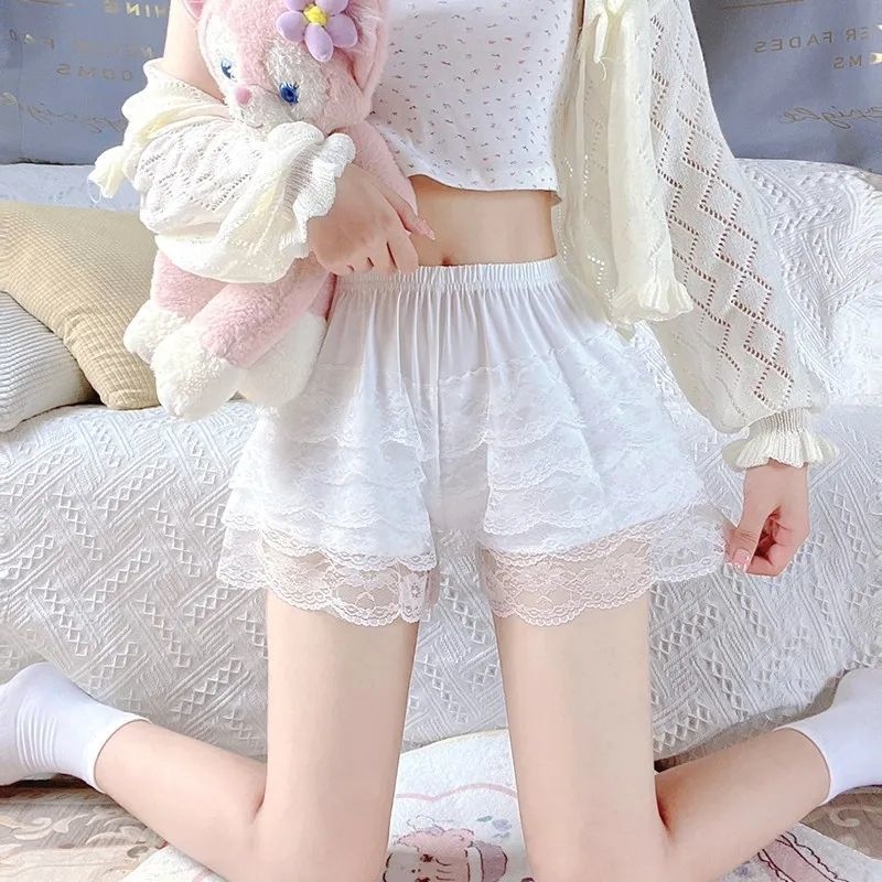 Moterų apsaugos šortai su nėrinių apdaila – anti-ekspozicija, vidutinio aukščio juosta, ice silk įdėklas, 93% poliesteris, paprasta audinys