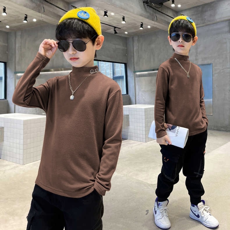 Vaikų bazinis marškinėliai su fliso pamušalu ir pusaukštu kaklu, ilgos rankovės, karikatūrų raštas, 95% poliesteris