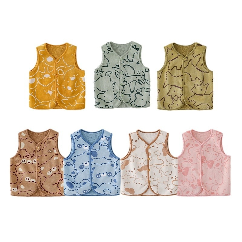 Vestă pentru copii din poliester cu căptușeală fleece, închidere cu nasturi pe un rând, model Cartoon, pentru copii de 3-8 ani