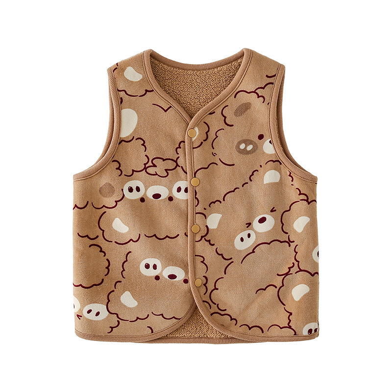 Vestă pentru copii din poliester cu căptușeală fleece, închidere cu nasturi pe un rând, model Cartoon, pentru copii de 3-8 ani