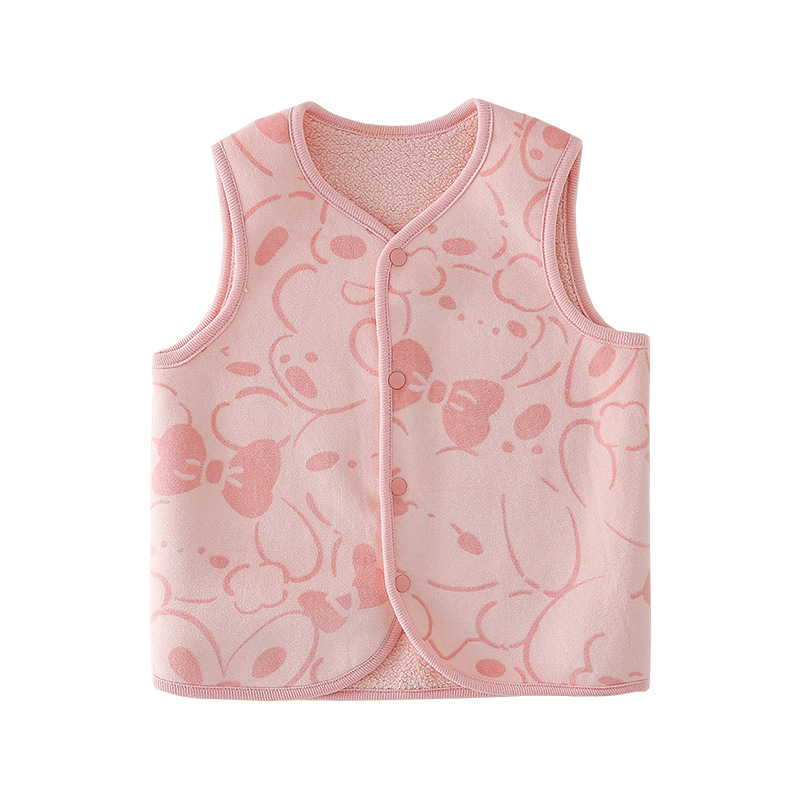 Vestă pentru copii din poliester cu căptușeală fleece, închidere cu nasturi pe un rând, model Cartoon, pentru copii de 3-8 ani