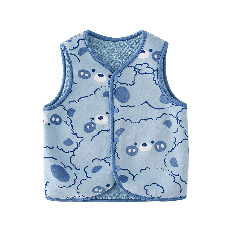Vestă pentru copii din poliester cu căptușeală fleece, închidere cu nasturi pe un rând, model Cartoon, pentru copii de 3-8 ani