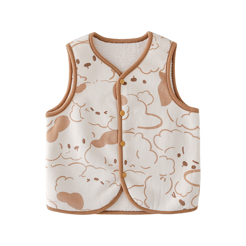 Vestă pentru copii din poliester cu căptușeală fleece, închidere cu nasturi pe un rând, model Cartoon, pentru copii de 3-8 ani