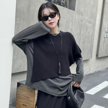 Bluza tricotată scurtă pentru femei, cu șal suprapus, poliester, warp-knit, design monocrom, pentru toamnă-iarnă primăvară