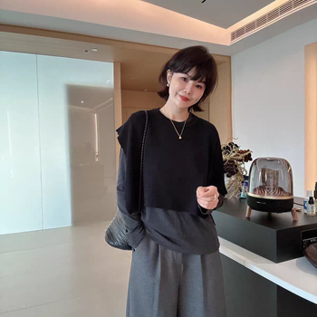 Bluza tricotată scurtă pentru femei, cu șal suprapus, poliester, warp-knit, design monocrom, pentru toamnă-iarnă primăvară