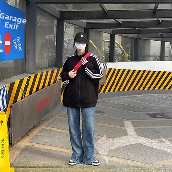 Moteriškas džemperis su užtrauktuku, stovintis kaklas, ilgomis rankovėmis, laisvas kirpimas, medvilnės-poliesterio mišinys