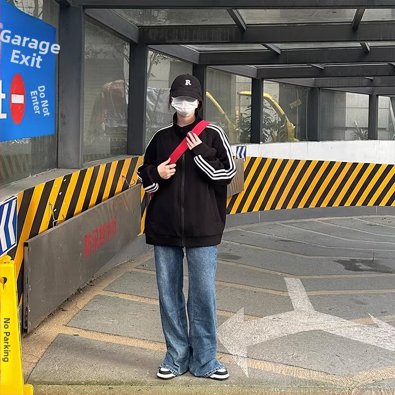 Moteriškas džemperis su užtrauktuku, stovintis kaklas, ilgomis rankovėmis, laisvas kirpimas, medvilnės-poliesterio mišinys