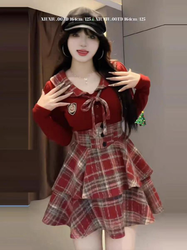 JK стил женски костюм в две части: риза с панелно шевно изпълнение и пола с каре по талията, полиестер, къса пола, пролет 2025