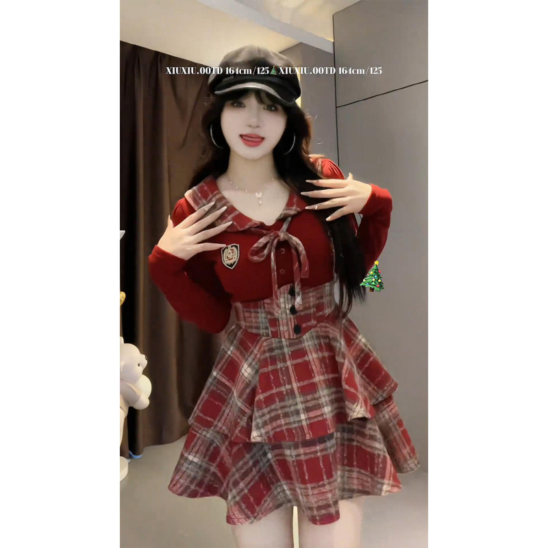 JK стил женски костюм в две части: риза с панелно шевно изпълнение и пола с каре по талията, полиестер, къса пола, пролет 2025