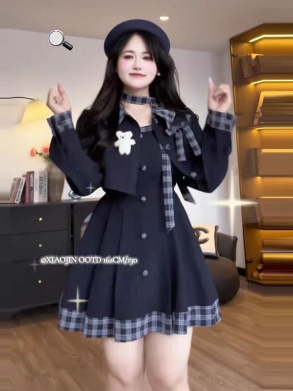 Дамски есенен костюм с пола и кардиган, полиестер, солиден дизайн, дълги ръкави, средна дължина пола, две части