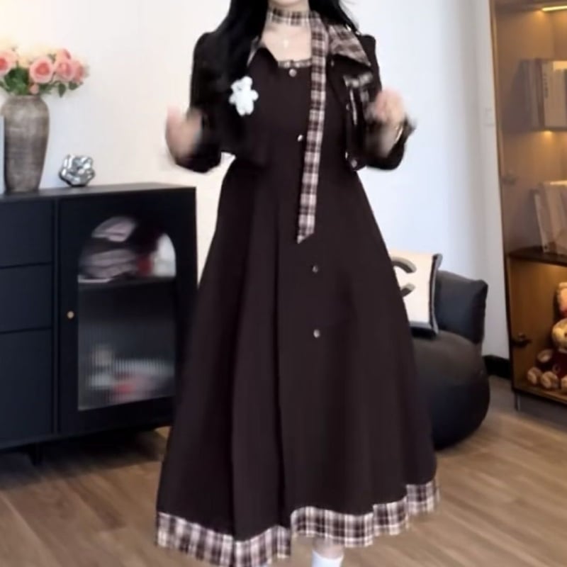 Дамски есенен костюм с пола и кардиган, полиестер, солиден дизайн, дълги ръкави, средна дължина пола, две части