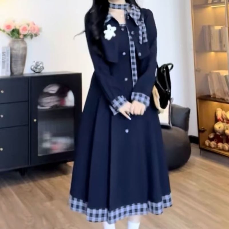 Дамски есенен костюм с пола и кардиган, полиестер, солиден дизайн, дълги ръкави, средна дължина пола, две части