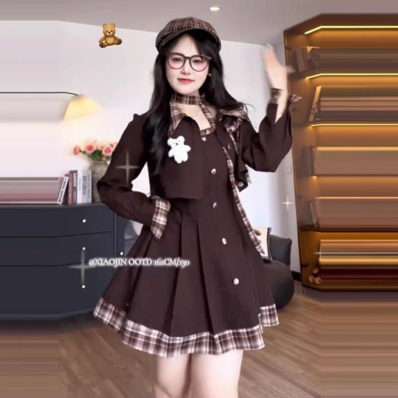 Дамски есенен костюм с пола и кардиган, полиестер, солиден дизайн, дълги ръкави, средна дължина пола, две части