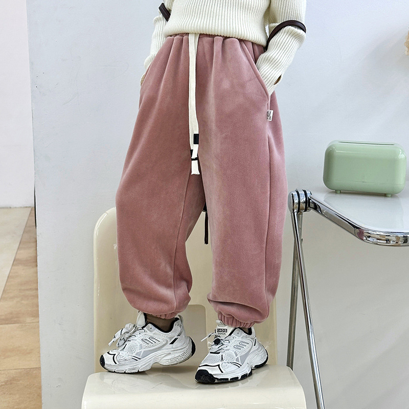 Pantaloni pentru copii Chenille, stil coreean, talie medie, 95% poliester, finisaj moale