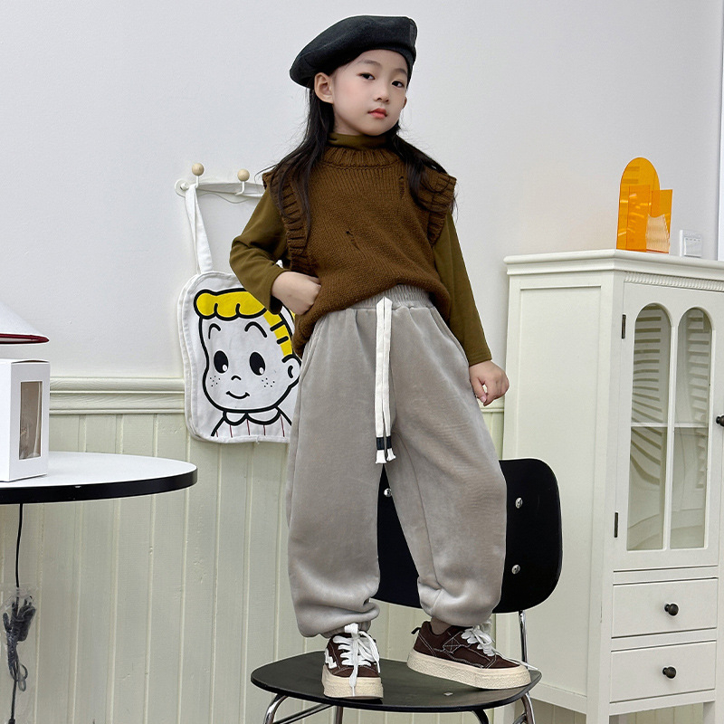 Pantaloni pentru copii Chenille, stil coreean, talie medie, 95% poliester, finisaj moale