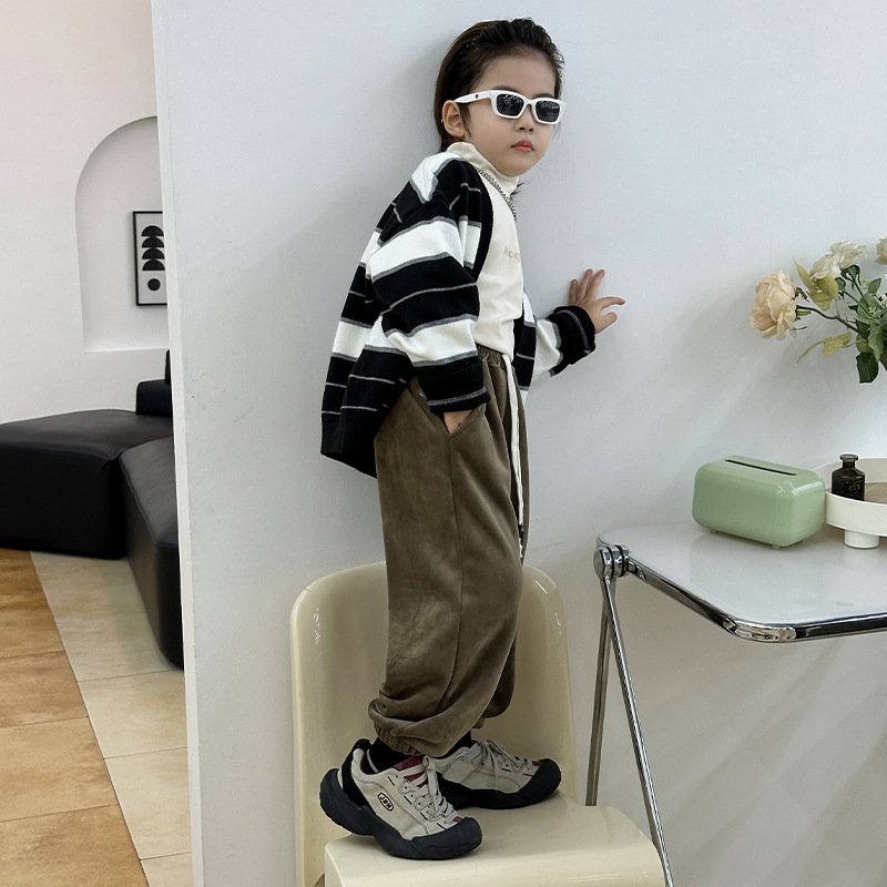 Pantaloni pentru copii Chenille, stil coreean, talie medie, 95% poliester, finisaj moale