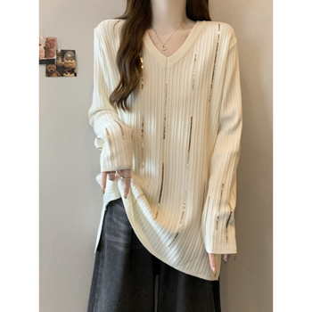 Tricou damă cu mâneci lungi, decolteu în V, paiete, croială lejeră, poliester 90-95%