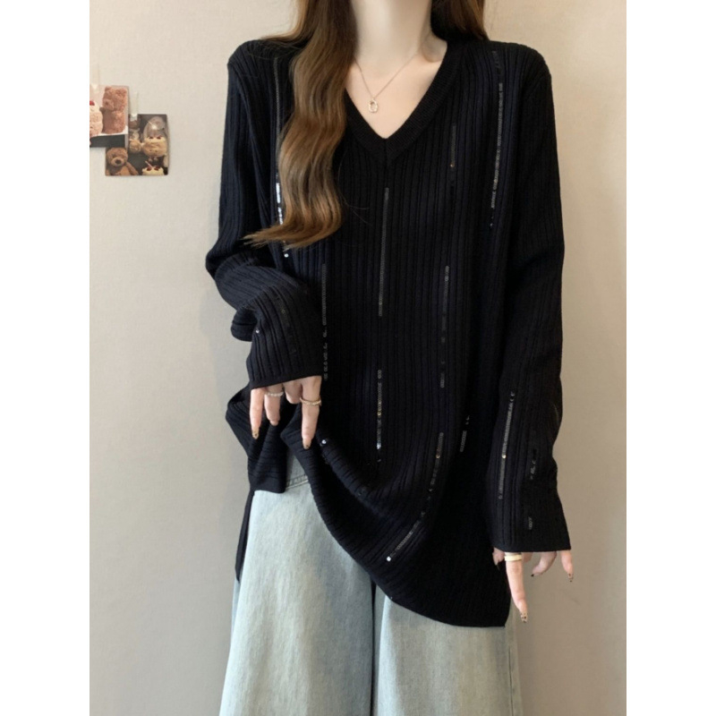 Tricou damă cu mâneci lungi, decolteu în V, paiete, croială lejeră, poliester 90-95%