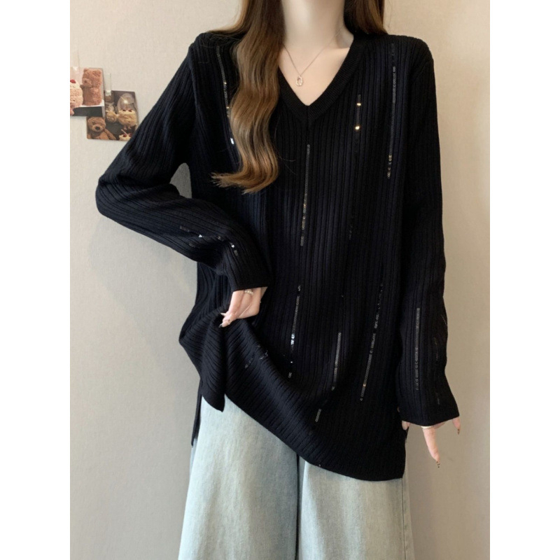 Tricou damă cu mâneci lungi, decolteu în V, paiete, croială lejeră, poliester 90-95%