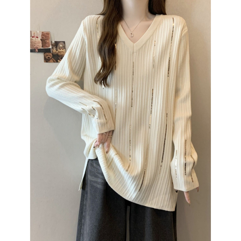 Tricou damă cu mâneci lungi, decolteu în V, paiete, croială lejeră, poliester 90-95%