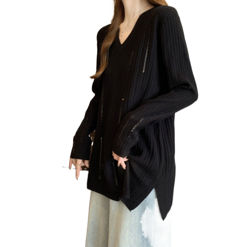 Tricou damă cu mâneci lungi, decolteu în V, paiete, croială lejeră, poliester 90-95%