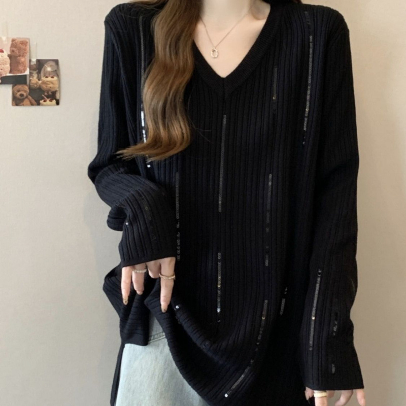 Tricou damă cu mâneci lungi, decolteu în V, paiete, croială lejeră, poliester 90-95%