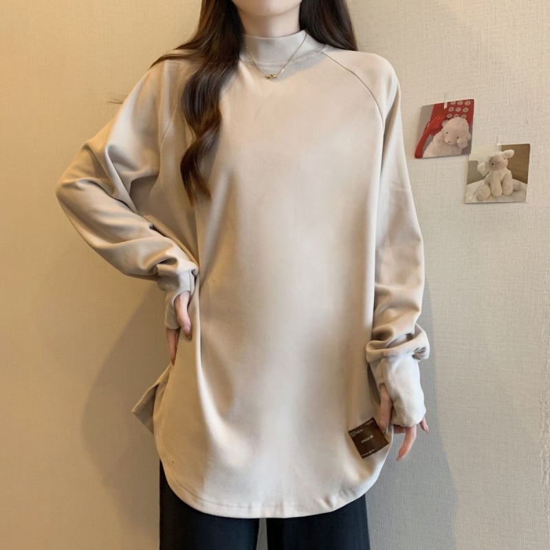 Ženski top s poluturtleneckom, dugim rukavima, labavim krojem, Derong materijal, toplo podstavljeno, korejski/japanski stil