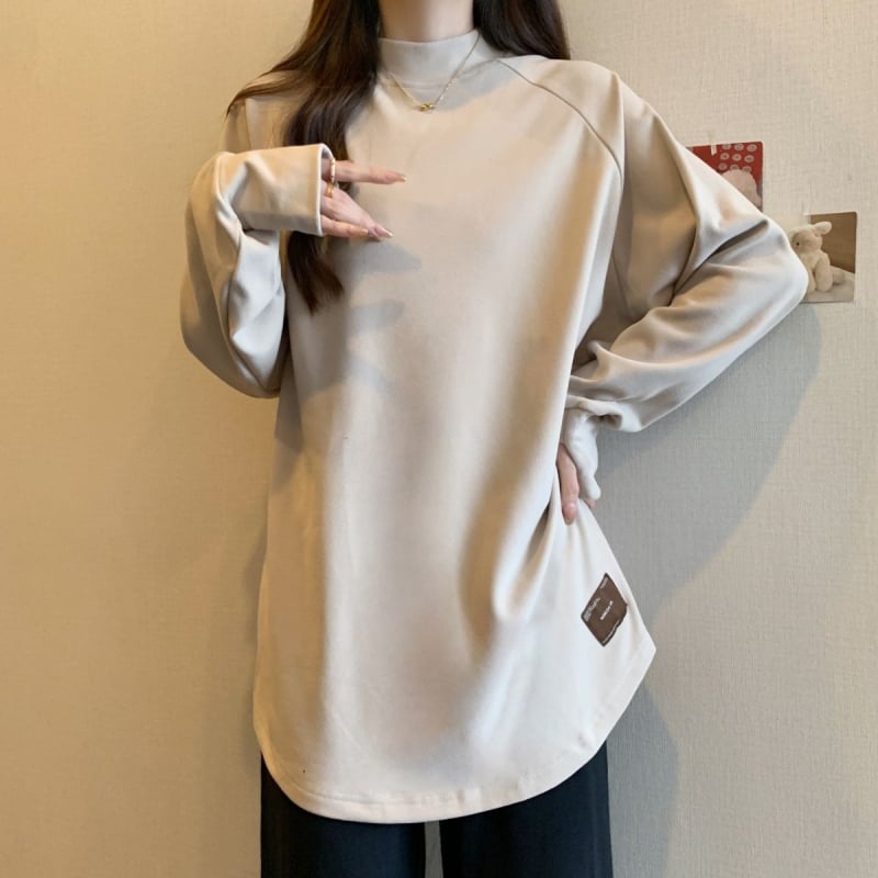 Ženski top s poluturtleneckom, dugim rukavima, labavim krojem, Derong materijal, toplo podstavljeno, korejski/japanski stil