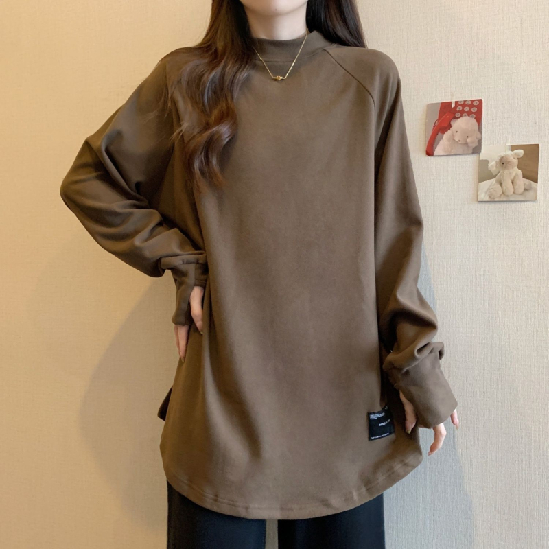 Ženski top s poluturtleneckom, dugim rukavima, labavim krojem, Derong materijal, toplo podstavljeno, korejski/japanski stil